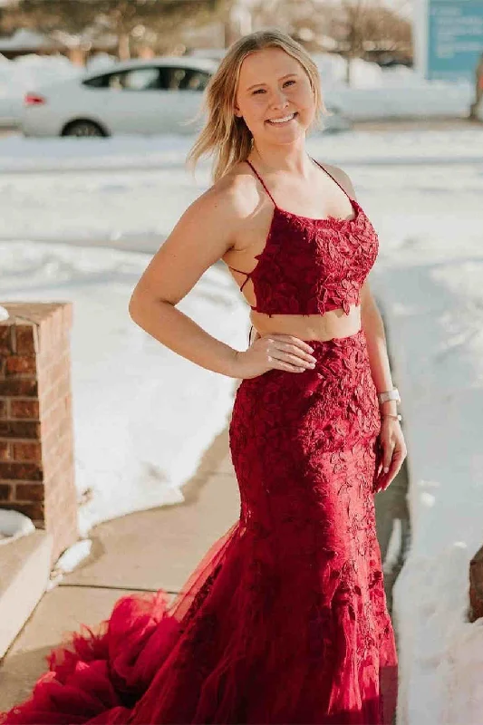 Overstock Sale bohemian dressTwo Piece Wine Red Mermaid Prom Dress with Appliques