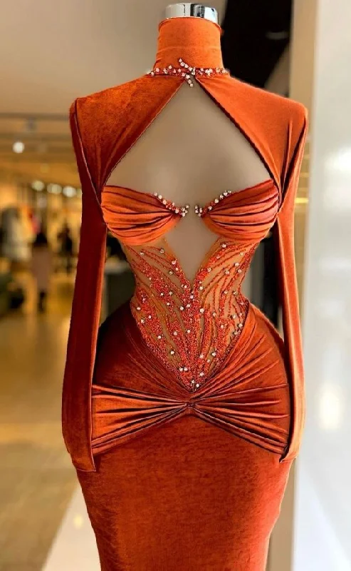 layered dressClassy Burnt Orange Velvet Long Evening Dress,Pageant Dress Y991