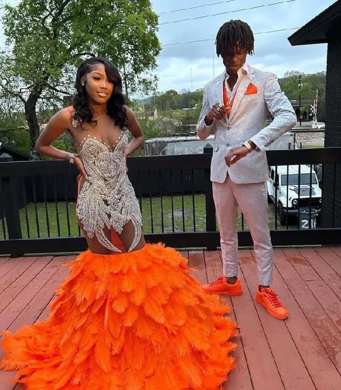 Clearance Sale luxury dressElegant Orange Feathers Mermaid Prom Dresses For Black Girls For African Women Sheer Neck Plus Size Formal Evening Occasion