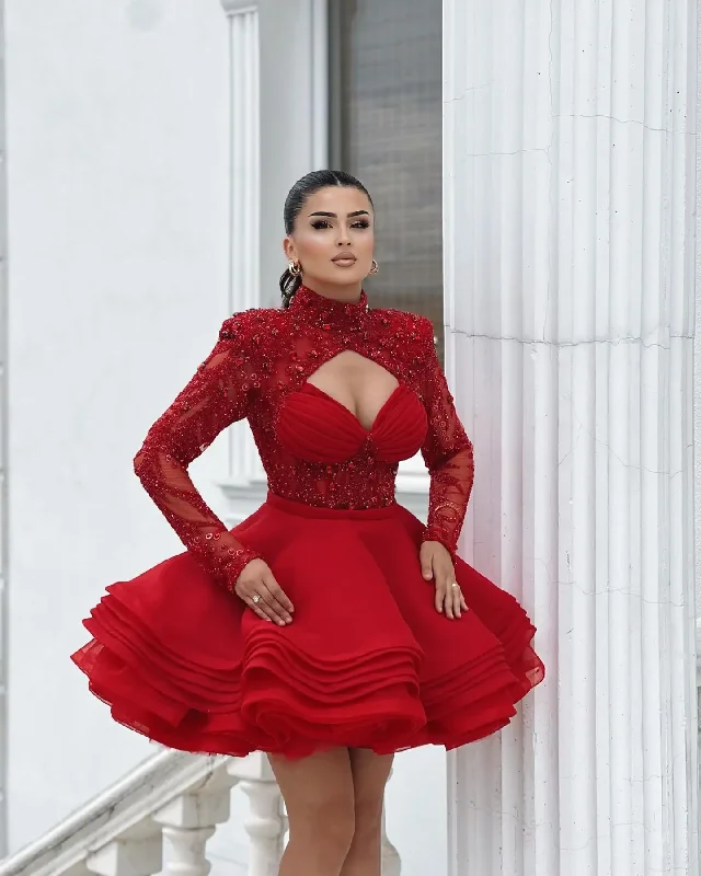 trendy mini dressRed High Neck Full Sleeves Beaded Applique Short Tiered Ruffles Prom Dresses Custom Made Girl Wear