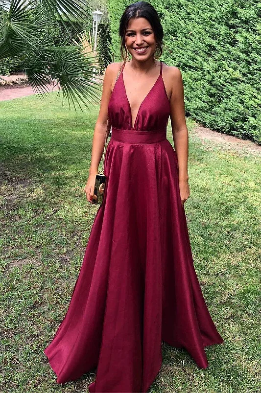 Limited Stock pleated maxi dressGorgeous A-line V Neck Burgundy Long Prom Dress