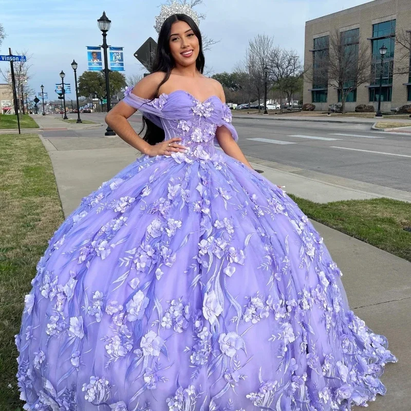 Sneak Peek Sale statement dressLavender Princess 3D Flowers Sweetheart Quinceanera Dresses Ball Gown Beaded Lace Tulle Prom Dress Puffy Sweet 15 16 Gown
