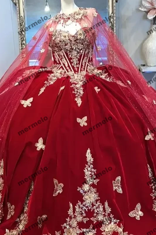 trendy dressRed Gold Butterfly Applique Quinceanera Dresses Beading Off Shoulder Ball Gown With Cape