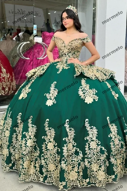 long sleeve dressDark Green Quinceanera Dress Ball Gown Gold Lace Applique Beading Mexican Corset Sweet 16