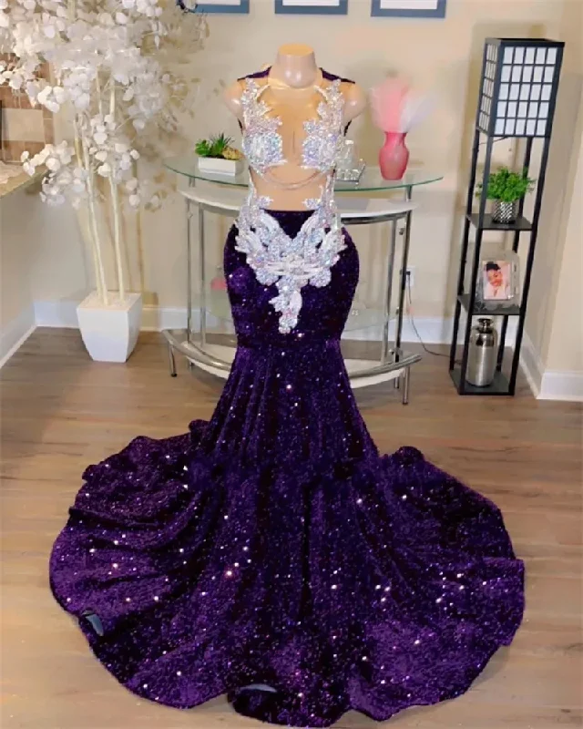 While Supplies Last lace-up dressGrape Sheer O Neck Long Prom Dress For Black Girls Sparkly Sequined Birthday Party Dresses Beaded Appliques Evening Gowns