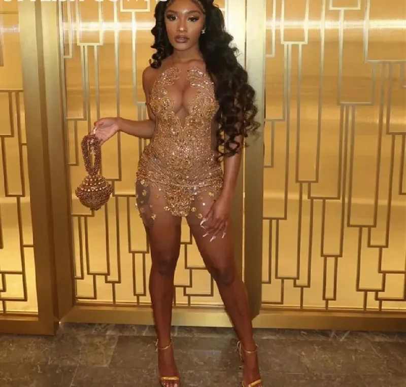 New Arrival minimalistic dressLuxury Gold Cocktail Dresses Sheer O Neck Short Prom Beaded Birthday Party Gowns Crystal Celebrity Dress Mini Graduation Robe D