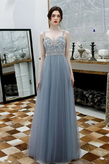 Instant Discount summer dressSpaghetti Straps Embroidery Smokey Blue Tulle Prom Dress