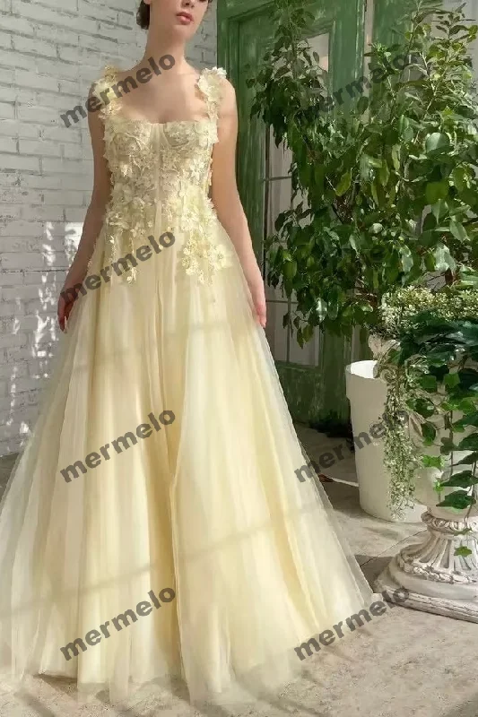 spaghetti strap dressYellow Lace Applique Tulle Graduation Prom Dress