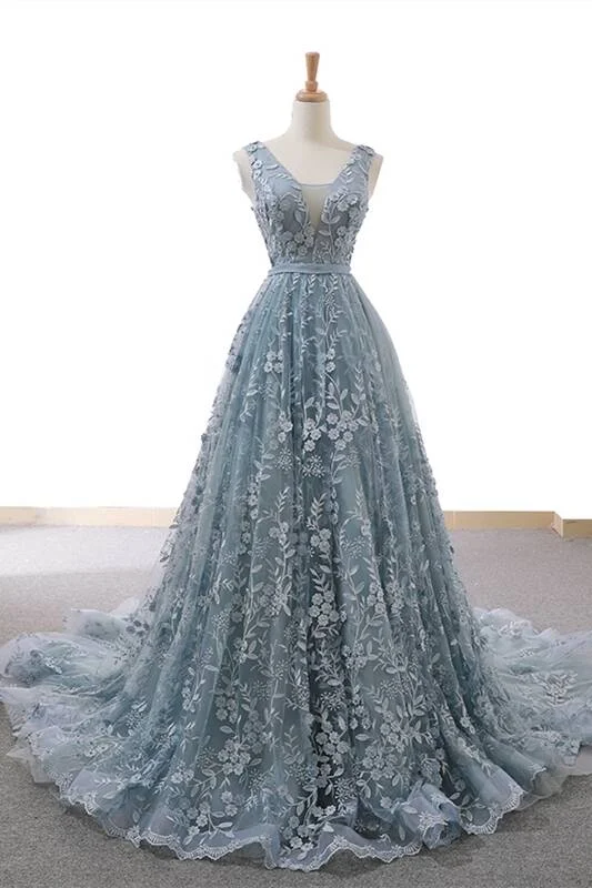 Bargain Prices sleek midi dressGorgeous A-line Grey Lace Appliques Long Prom Gown
