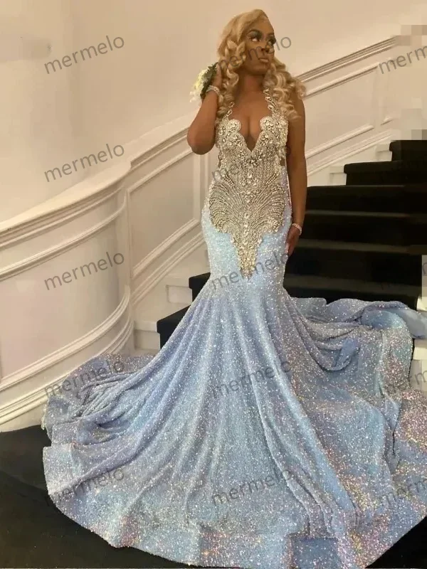 flowy maxi dressSparkly Long Prom Dress For Black Girls Mermaid Sheer Sequined Crystals Birthday Party Dresses Women Evening Gown Customized