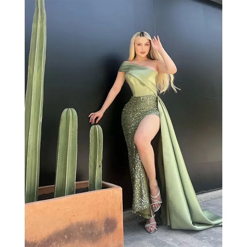 Midnight Sale luxury dressElegant Green Evening Dresses Off Shoulder Sequins Party Prom Dress Split Sweep Train Long Dress for Special Occasion