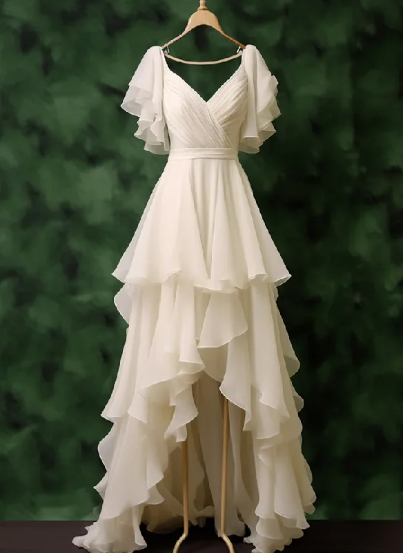 satin midi dressPretty White Chiffon High Low Party Dress,Layered  Wedding Prom Dress Y7749