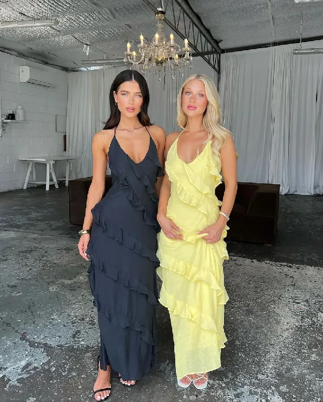 Deal Alert casual evening dressYellow Long Prom Dresses Sleeveless Ruffles Tiered Sexy Women Evening Party Gowns Custom Made Formal Occasion Dress