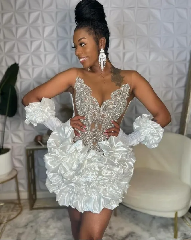 party dressLittle White Dress Sparkly Short Prom Homecoming Dresses for Black Girl Luxury Diamond Crystal Birthfay Gala Gown with gloves