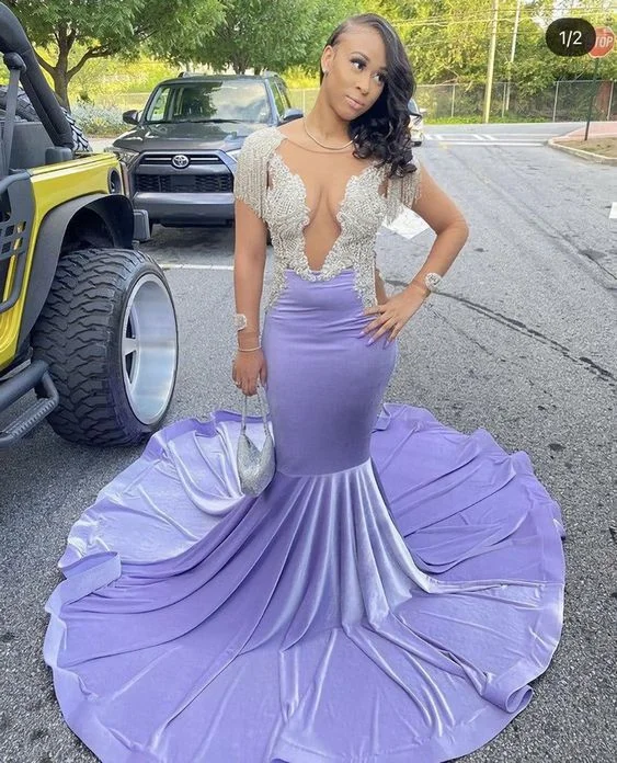 Steals and Deals satin dressShinning purple mermaid prom dress with train