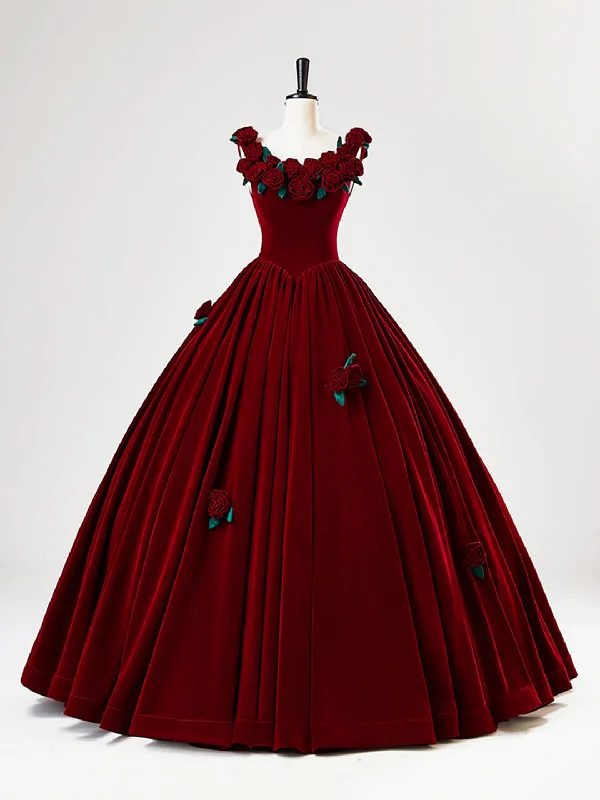 layered dressBeautiful Burgundy Velvet Quinceanera Dress Birthday Ball Gown With Rose Flowers Y7750