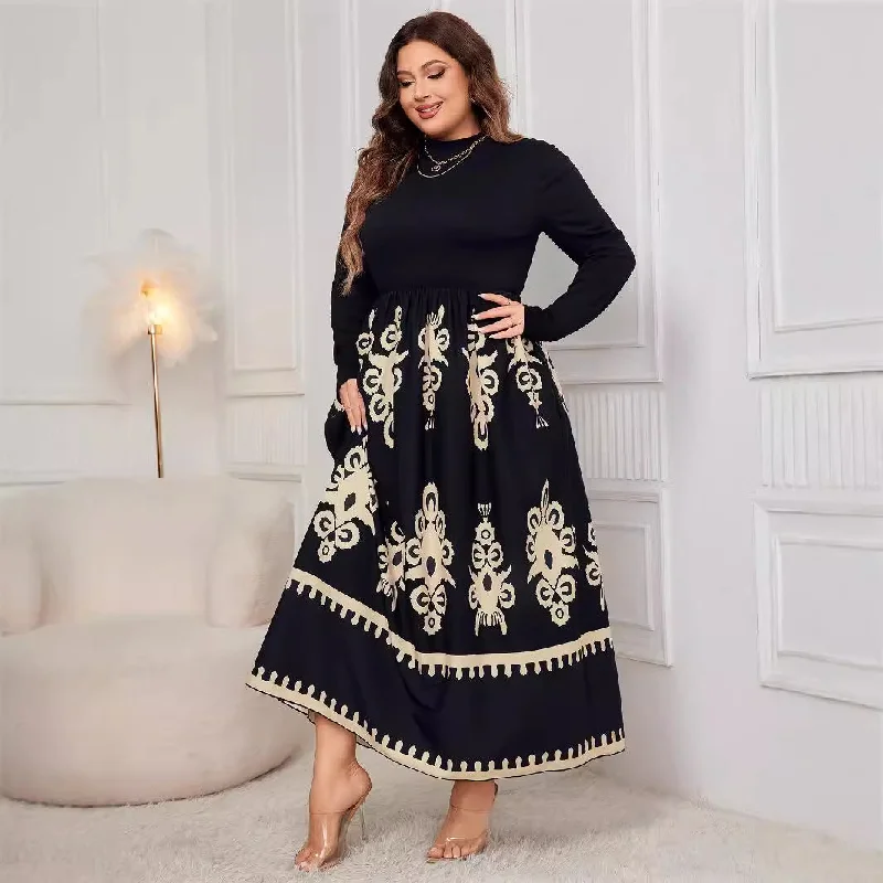 printed dressPrinted Black Plus Size Loose Long Sleeve Dress