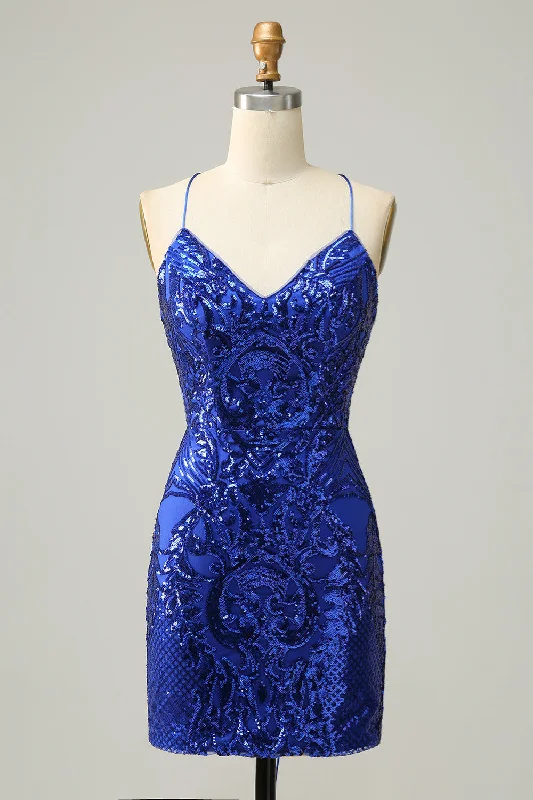 elegant maxi dressRoyal Blue Sheath Lace-Up V Neck Sequins Homecoming Dress