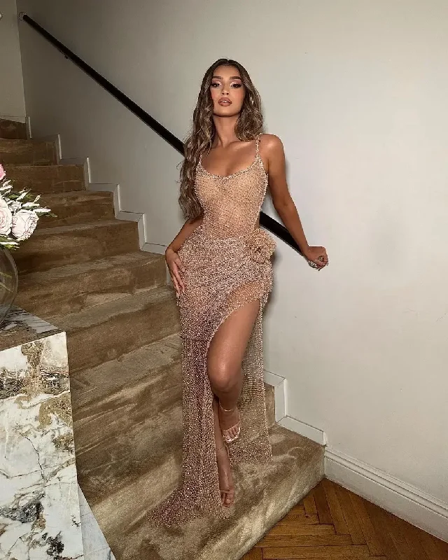 sleek midi dressBeaded Prom Dresses Spaghetti Strapless Women Wear Cocktail Party Gowns Backless Sexy Evening Gowns Side Slit Robe Des