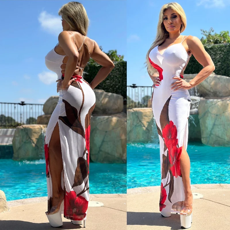 Big Discounts ruffle dressConnie's EXCLUSIVE "Hibiscus Haven Maxi Dress" STRETCH MESH, Open Thigh, Criss Cross Open Back Big Discounts ruffle dressConnie's EXCLUSIVE "Hibiscus Haven Maxi Dress" STRETCH MESH, Open Thigh, Criss Cross Open Back