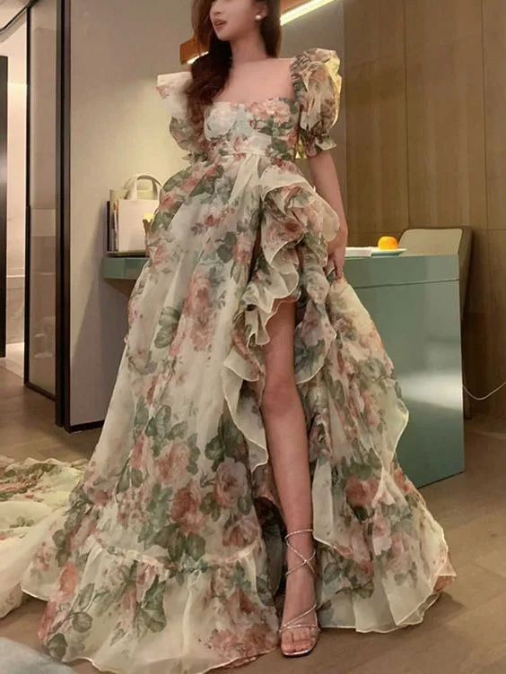 luxury dressPrint Floral Vintage Dress Open Fork Elegant Evening Dress Puff Sleeves Sweet Female New Y6911