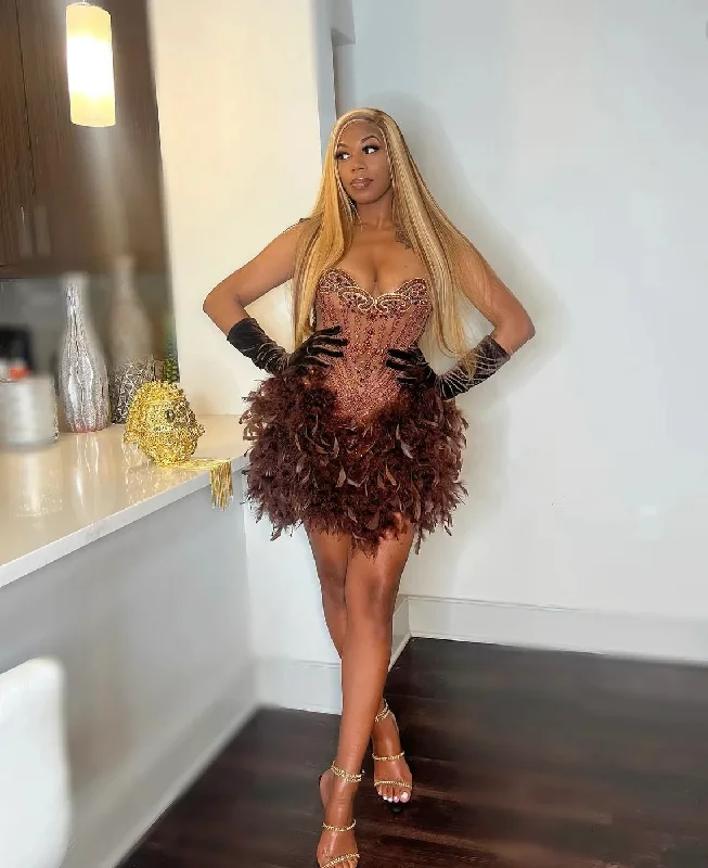 Super Sale trendy bodycon dressFeather See Through Sexy Sheer Short Black Girl Prom Dress Beaded African Cocktail Dresses Women Party Gowns Birthday Homecoming