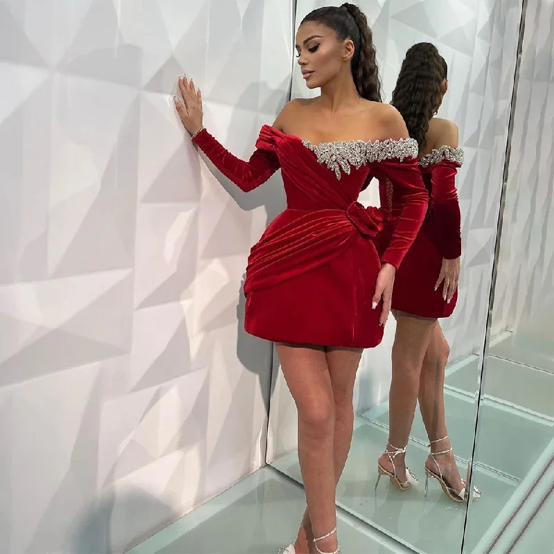 spaghetti strap dressRed Velvet Cocktail Dress Mini Off the Shoulder Long Sleeves Gown Short Sparkle Crystal A Line Sexy Birthday Party