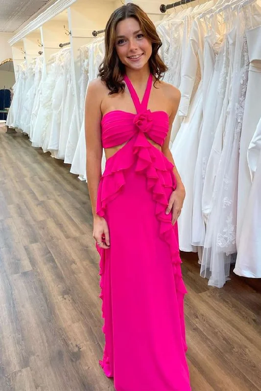 trendy bodycon dressHot Pink Halter Cut Out Ruffle Long Formal Prom Dress Y7378