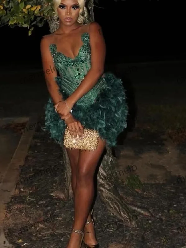 casual dressSexy Green Short Prom Dress For Black Girls Beaded Crystal Feathers