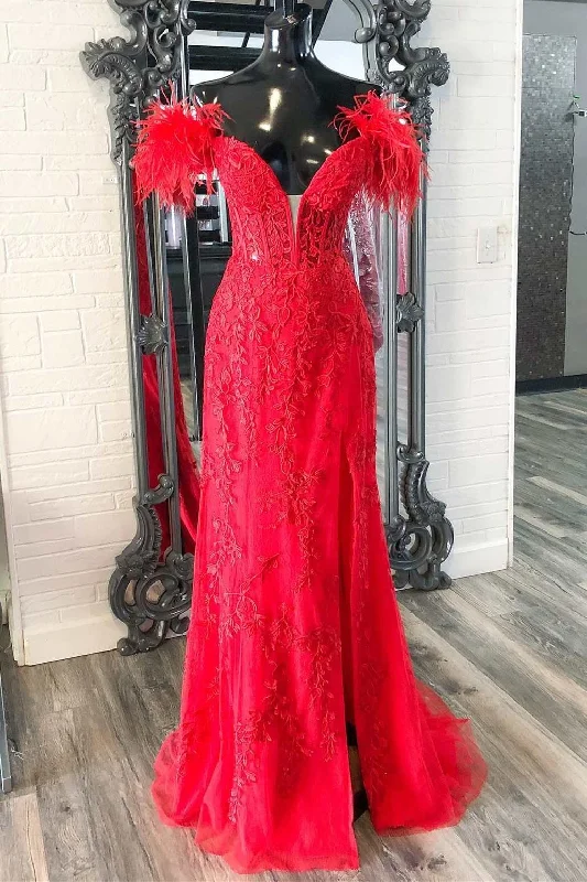 evening dressRed Appliques Feather Off-the-Shoulder Long Prom Dress with Slit