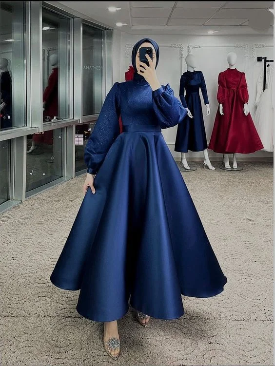 Markdowns romantic dressModest Navy Blue A-line Satin Prom Dress,Muslim Dress Y6983