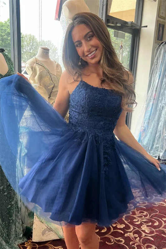 backless dressNavy Blue Appliques A-line Tulle Homecoming Dress