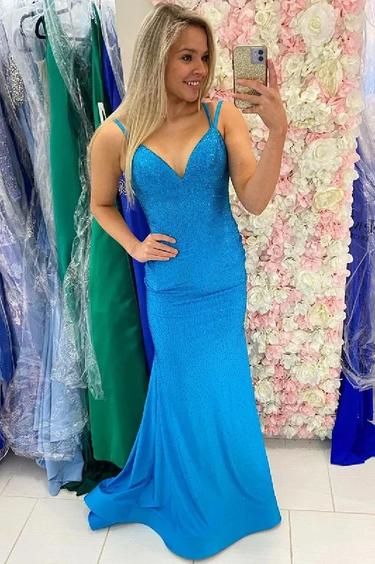 comfy maxi dressBlue Mermaid Beaded Long Prom Dress