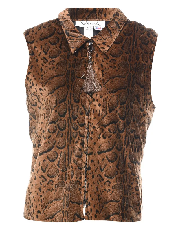 Deal Mania fashionable outerwear1990s Brown & Black Animal Print Zip-Front Waistcoat - M Deal Mania fashionable outerwear1990s Brown & Black Animal Print Zip-Front Waistcoat - M