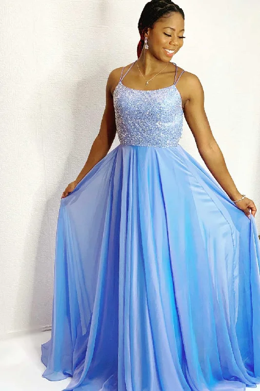 fitted dressStraps Beaded Top Sky Blue Long Prom Dress