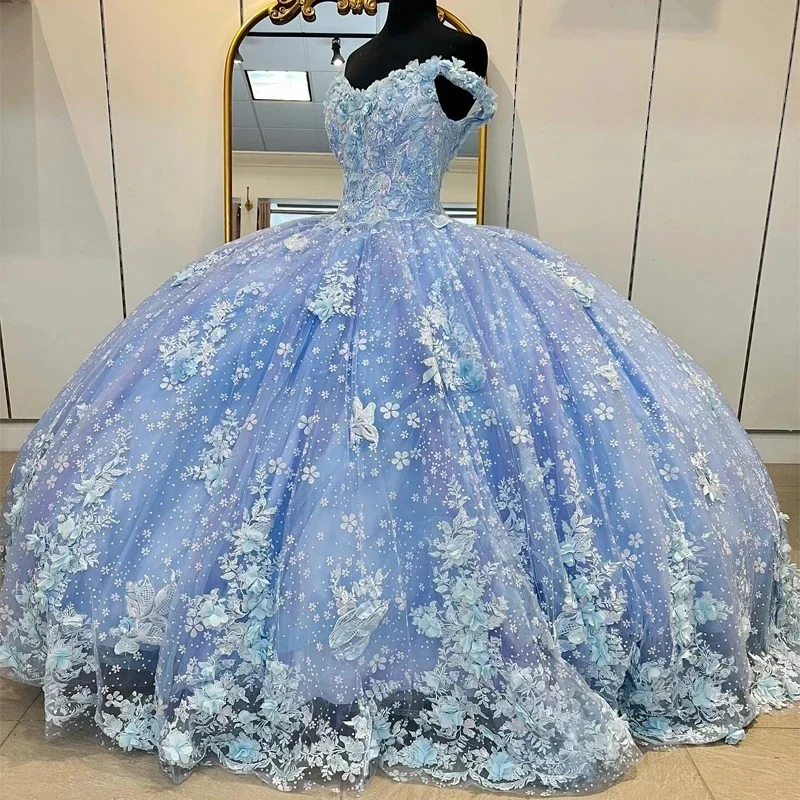Don't Miss layered dressSky Blue Quinceanera Dresses Sleeveless Crystal Sequined Ball Gown Off The Shoulder 3D Flowers Tull Corset Vestidos Para XV 15 Don't Miss layered dressSky Blue Quinceanera Dresses Sleeveless Crystal Sequined Ball Gown Off The Shoulder 3D Flowers Tull Corset Vestidos Para XV 15