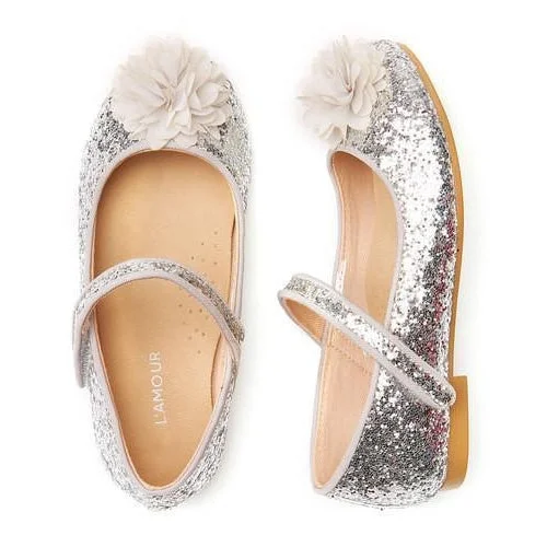 modern dressL'Amour Silver Glitter Pom Pom Shoe