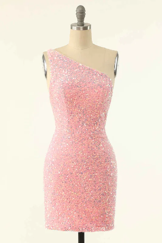 sleek midi dressPink Sequin One-Shoulder Backless Short Formal Dress