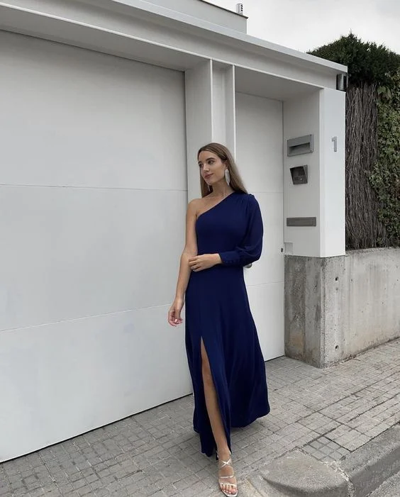 Flash Deals ashionable dressA Line One Shoulder Long Sleeve Formal Evening Dress With Slit Y6395