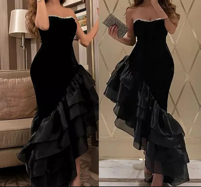 floral wrap dressSexy Strapless Black Mermaid Ruffles Evening Dress  Formal Prom Dress Y7697