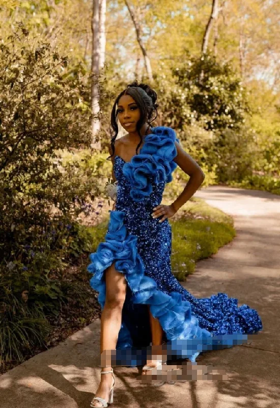 flowy maxi dressBlue Long African Prom Dresses For Black Girls Luxury Mermaid Crystal Rhinestone Ruffle High Split Birthday Evening Dress