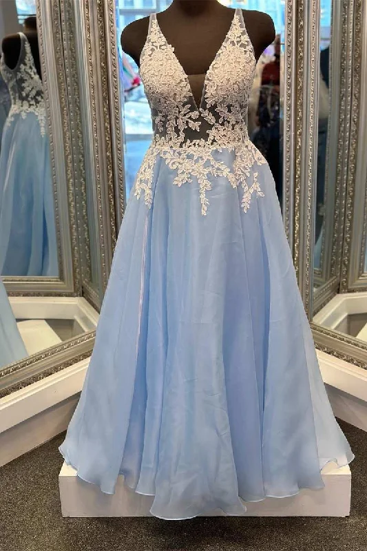 stylish dressLight Blue Floral Lace V-Back A-Line Long Prom Dress