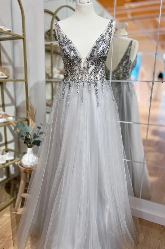 A-line dressGrey A-line Plunging V Neck Beaded-Embroidered Sleeveless Long Prom Dress