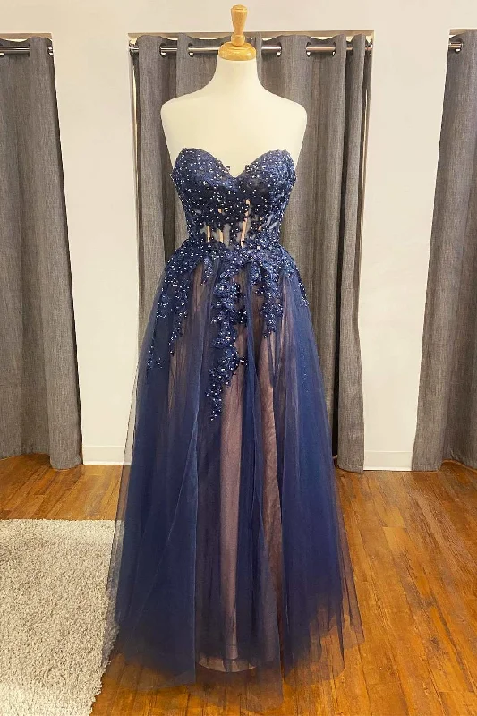 sleek midi dressNavy Floral Appliques Strapless A-Line Prom Dress