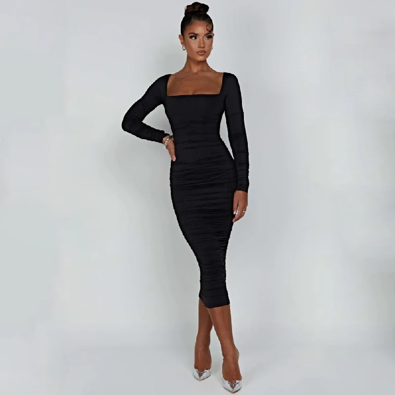 silk dressAutumn Winter Long Sleeve Ruched Midi Dress for Women