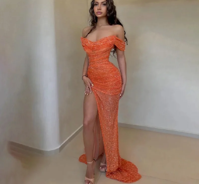 elegant maxi dressOff the Shoulder Formal Dresses Orange Mermaid Party Dress For Wedding Side Split Special Occasion Dresses robe soirée