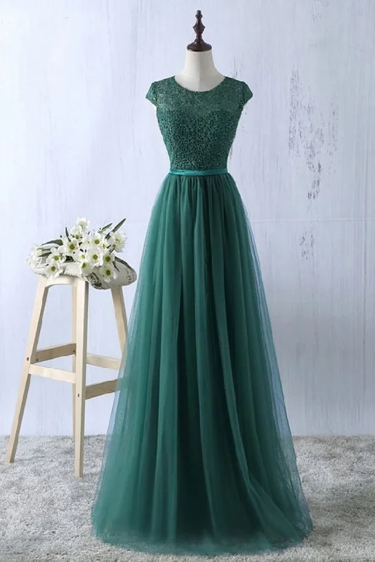 casual day dressGreen tulle lace top round neck long evening dresses ,simple formal dress S6796