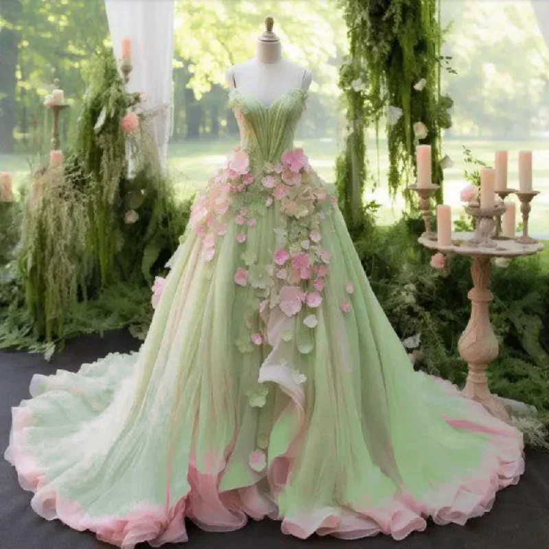 Super Deal knit dressFairy Green & Pink Evening Dress Sweetheart Layered Tulle Dress Bicolor Applique Floral Dresses Custom Made Dream Dress Pretty