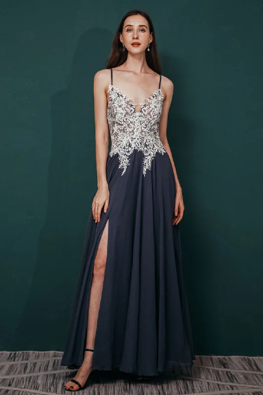 Midnight Madness elegant dressNavy A-line Chiffon Long Prom Dress with White Appliques Midnight Madness elegant dressNavy A-line Chiffon Long Prom Dress with White Appliques