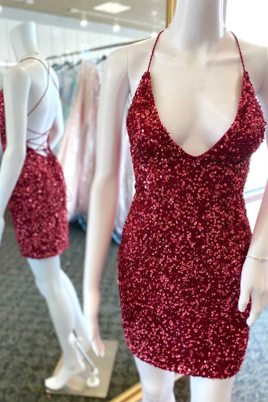 knit dressRed Sequin Scoop Neck Lace-Up Short Homecoming Dress